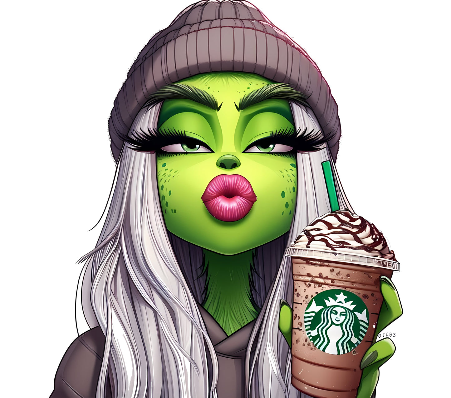 Funky Green Alien Sipping Coffee Print, Stylish Hat and Lips Artwork, Unique Wall Decor, Colorful Illustration