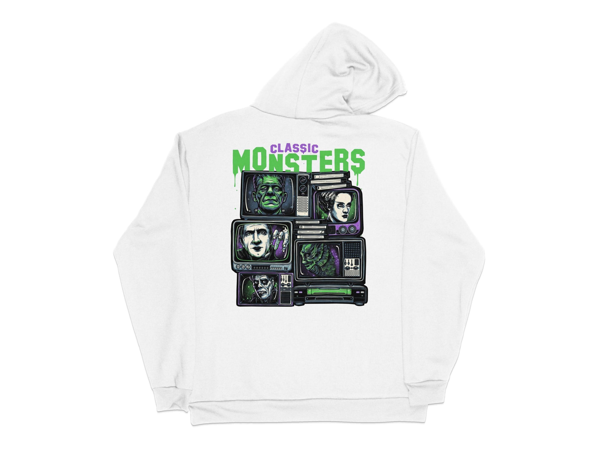 Classic Monsters Hoodie, Vintage Horror Movie Characters, Green Graphic Pullover, Unisex Sweatshirt