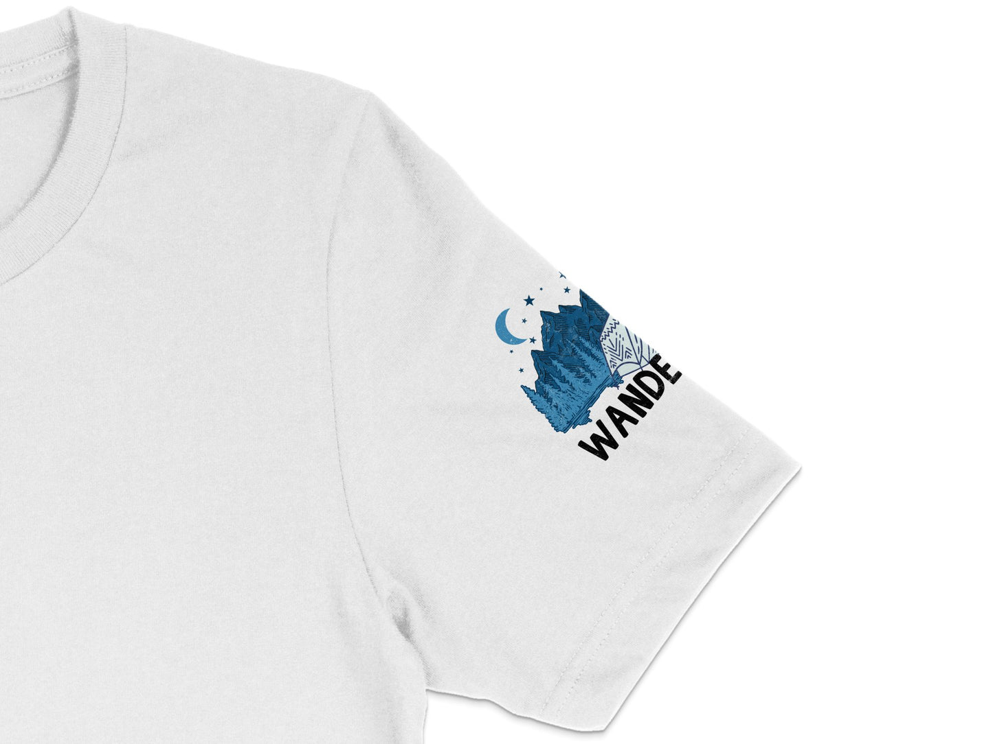 White T-Shirt with Blue Mountain Graphic, Wander Text, Casual Adventure Tee, Unisex Clothing