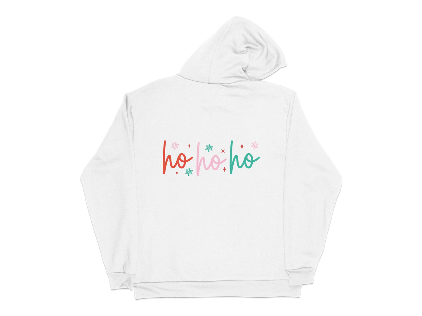 Festive White Hoodie with 'Ho Ho Ho' Christmas Graphic, Unisex Holiday Sweatshirt, Colorful Winter Apparel