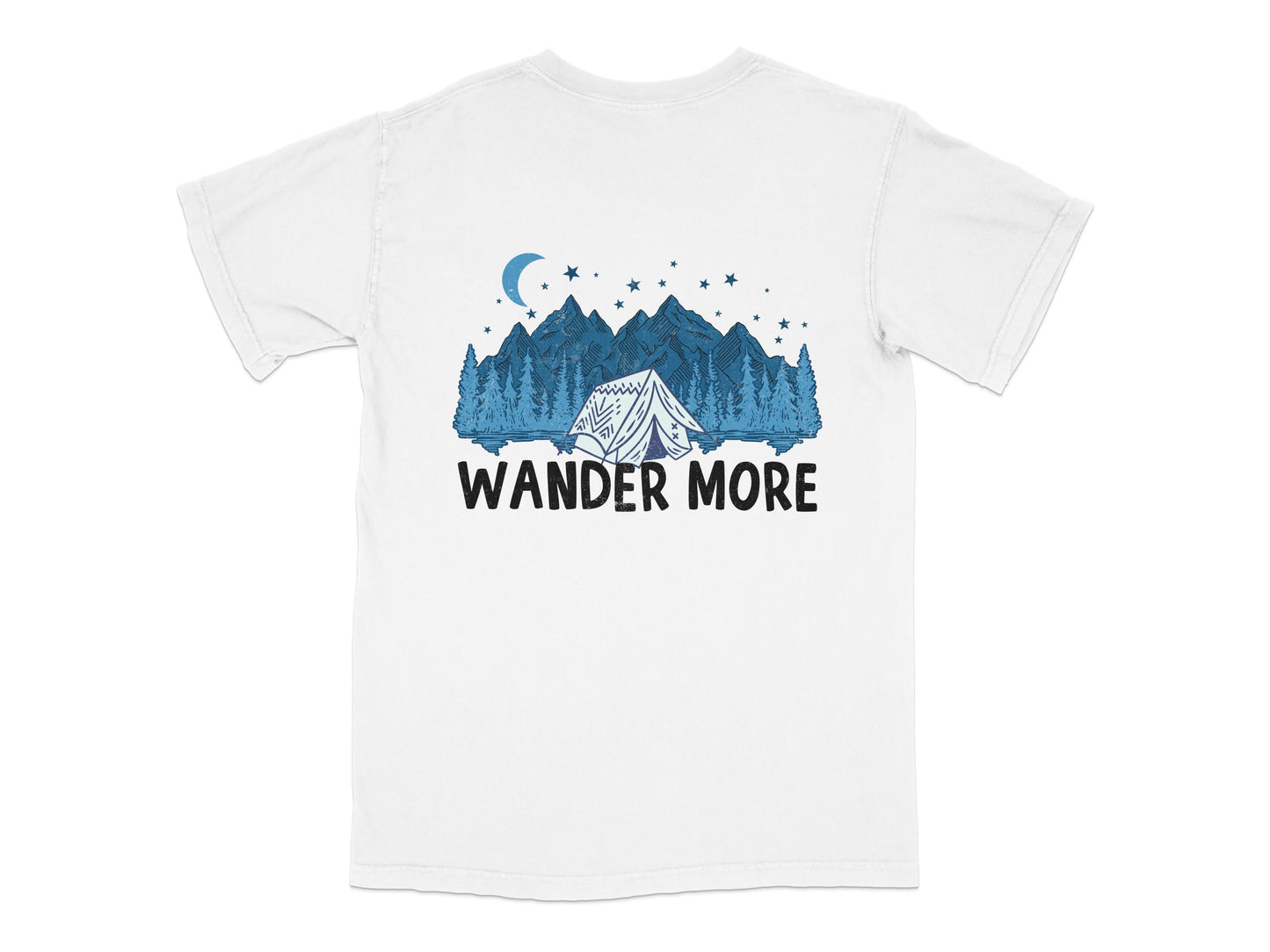 Wander More T-Shirt, Outdoor Adventure Graphic Tee, Camping Mountains Moon Design, Nature Lover Gift, Unisex Cotton Shirt