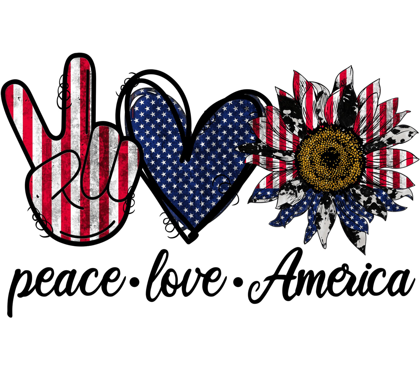 Peace Love America Patriotic T-Shirt Design, Sunflower USA Flag Heart Graphic SVG