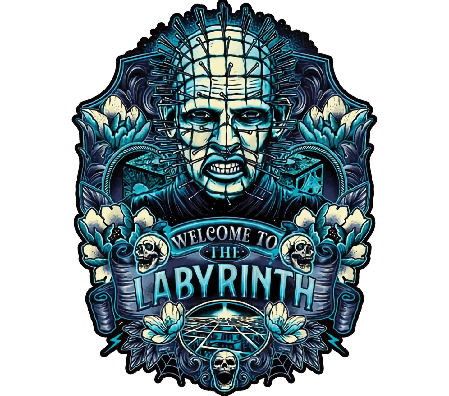 Labyrinth Inspired Gothic Art Print, Vintage Blue Skull and Roses Wall Decor, Fantasy Horror Poster