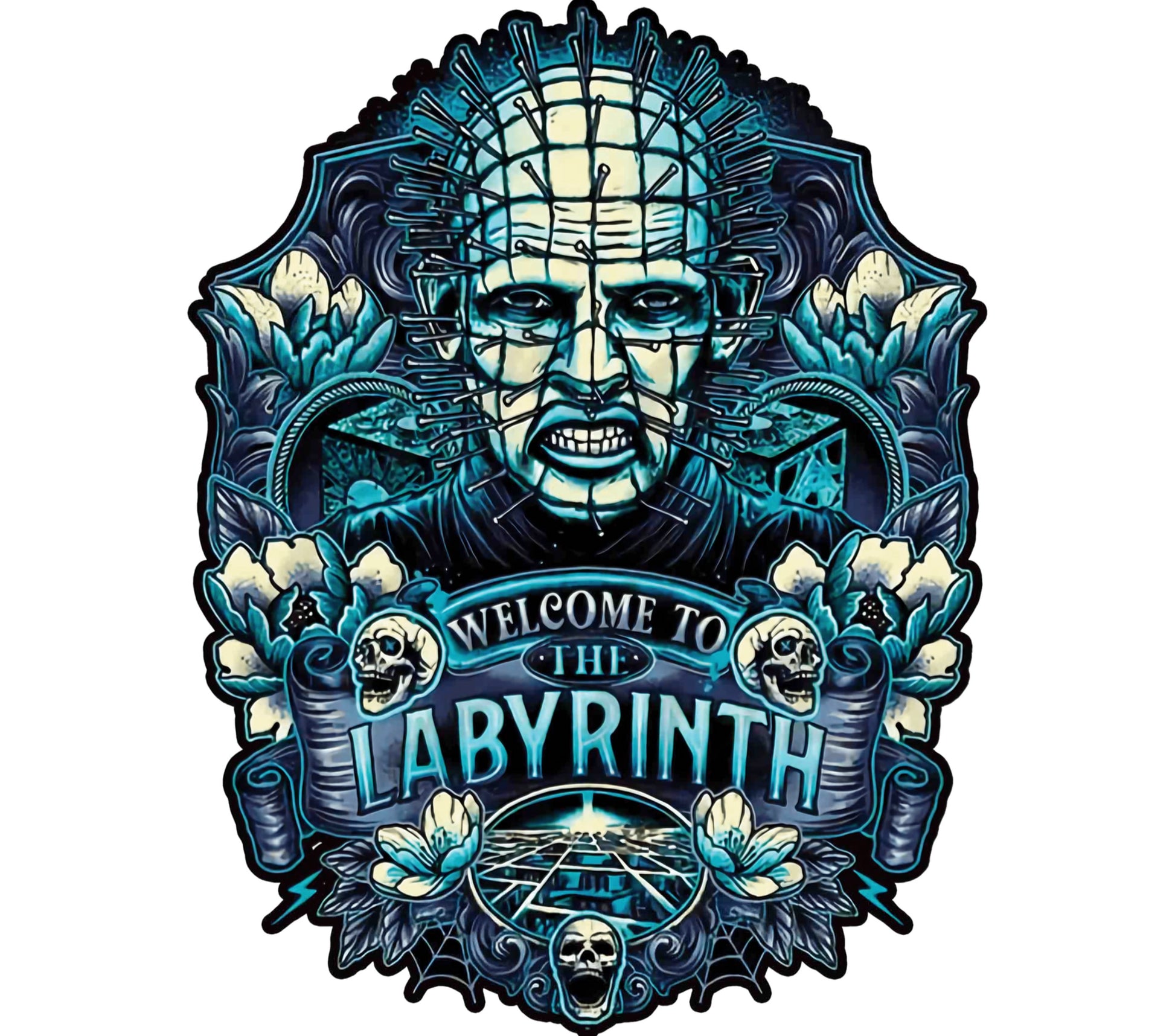 Labyrinth Inspired Gothic Art Print, Vintage Blue Skull and Roses Wall Decor, Fantasy Horror Poster