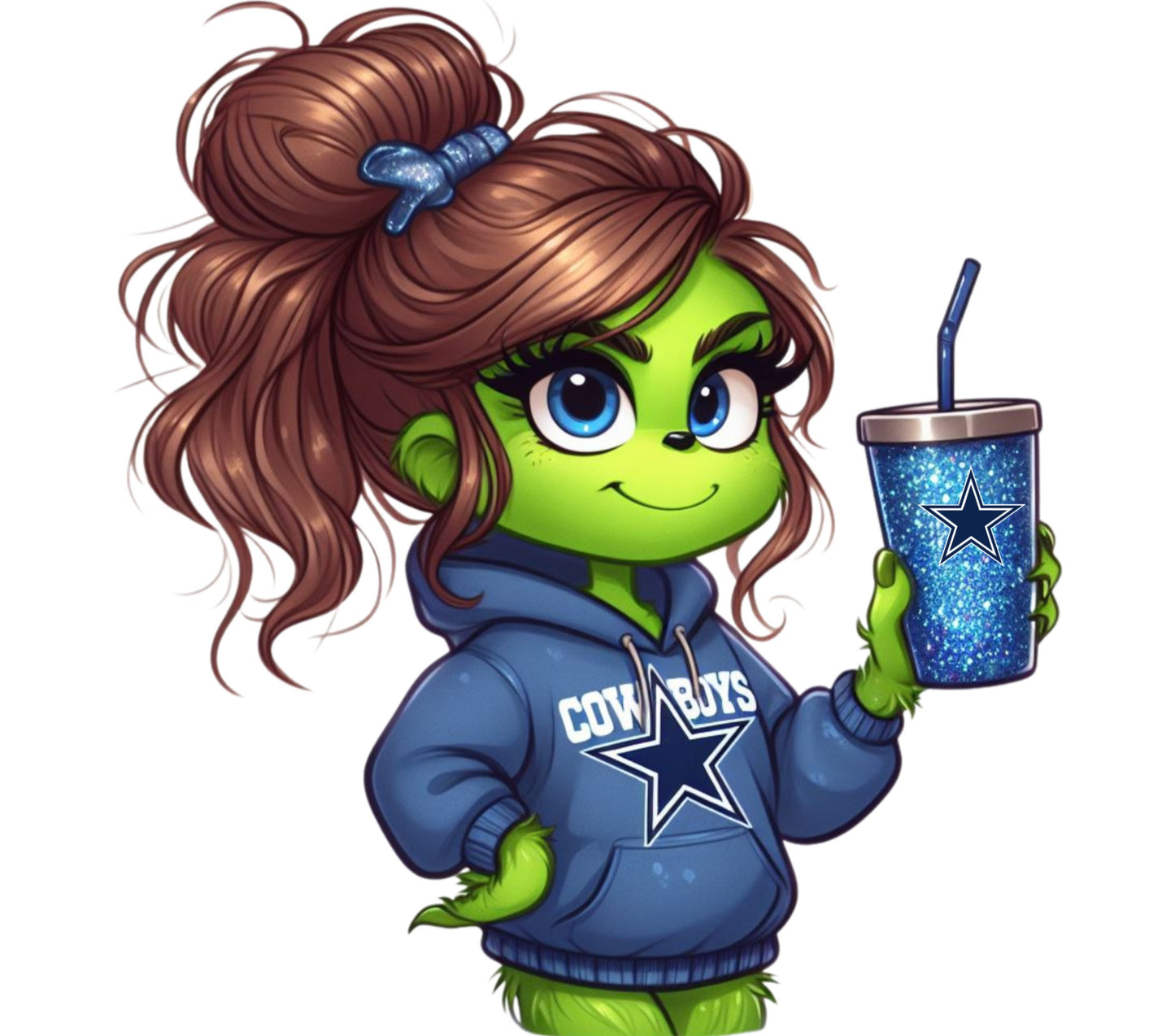 Cute Green Monster Girl Holding Sparkly Cup, Dallas Cowboys Fan Art Print