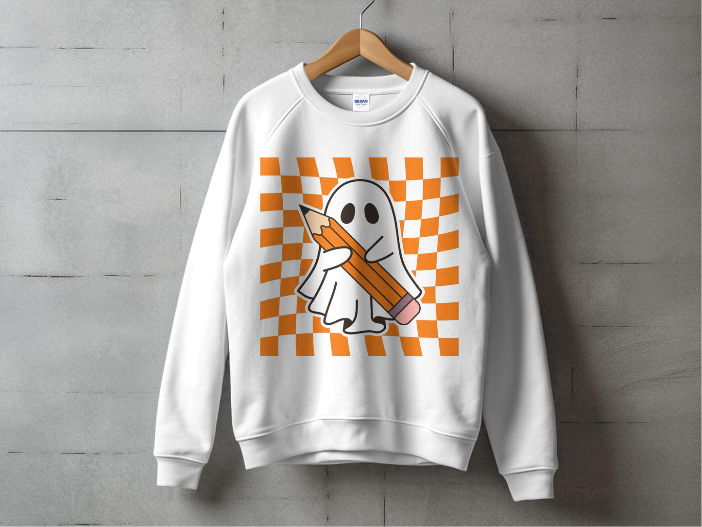 Cute Ghost Graphic Sweatshirt, Unisex Fall Fashion, Orange Checkered Print, Cozy Autumn Pullover Top