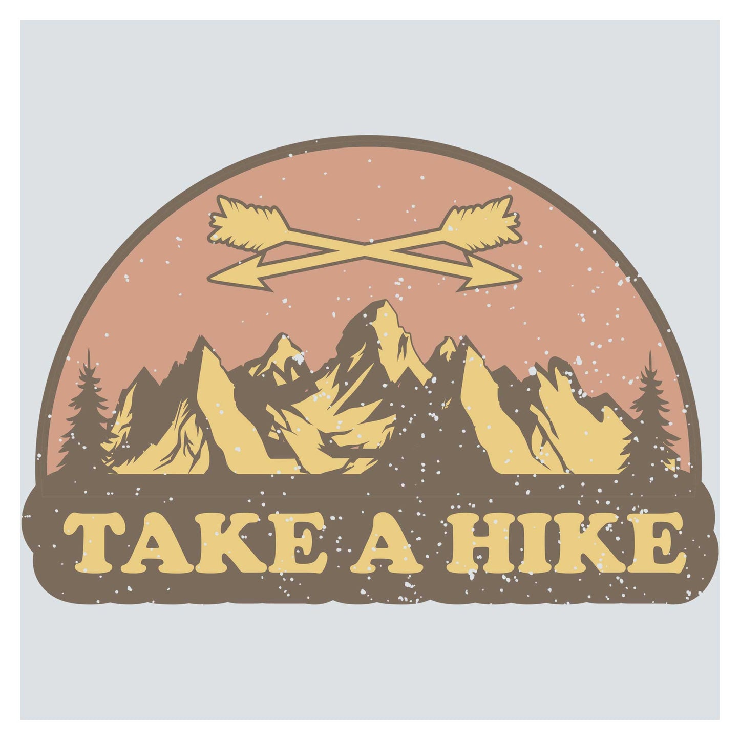a sticker that says take a hike with mountains in the background