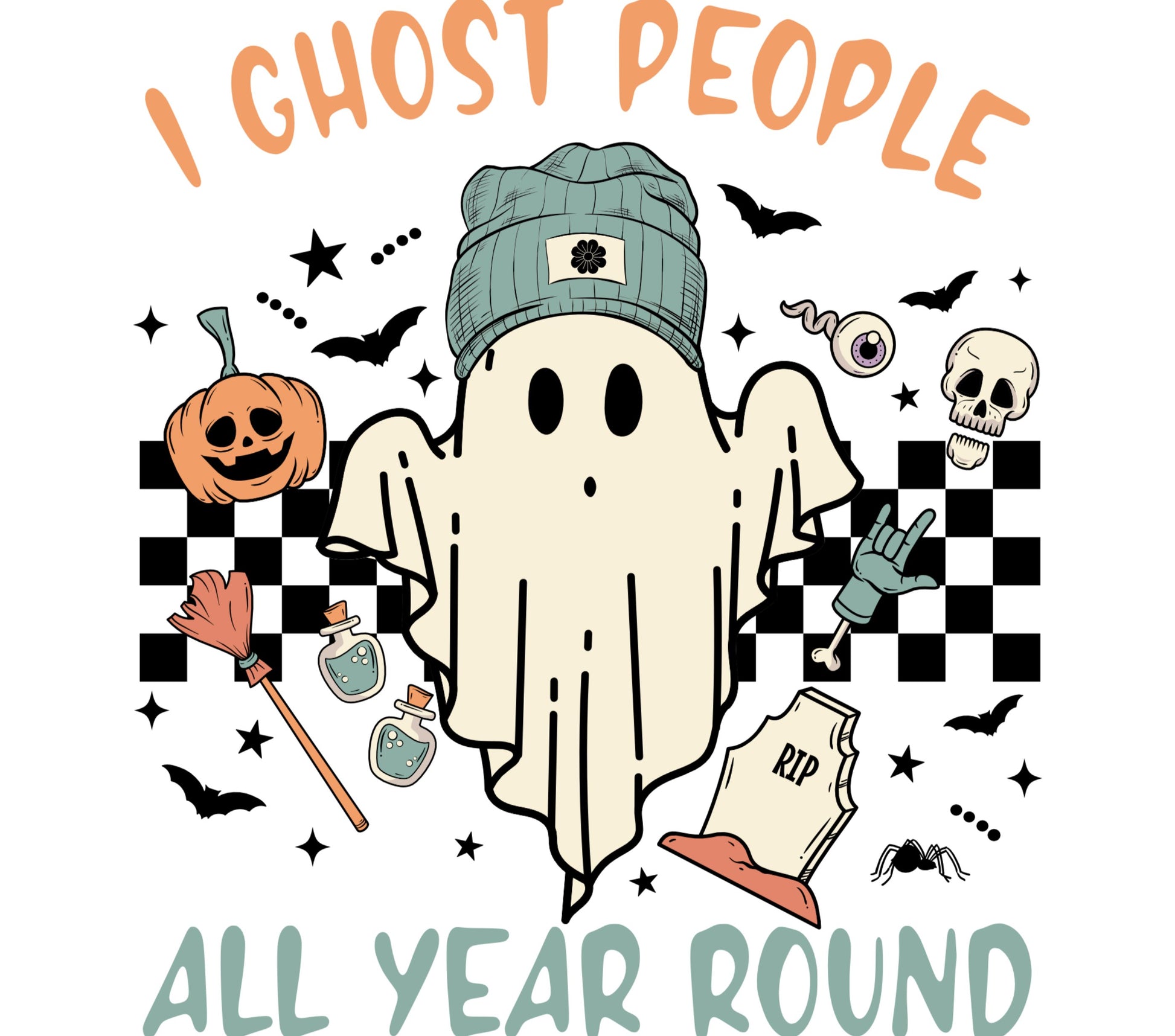 Halloween Ghost Graphic T-Shirt, Spooky Pumpkin Skeleton Bat Design, Casual Fall Wear