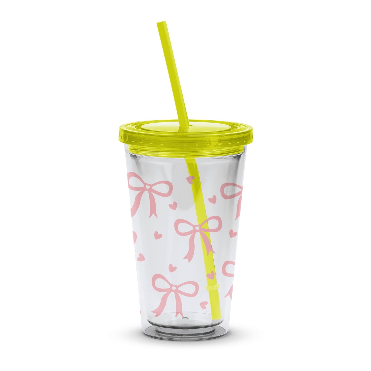 Reusable Insulated Tumbler with Straw, Pink Bow and Heart Design, Travel Cup
