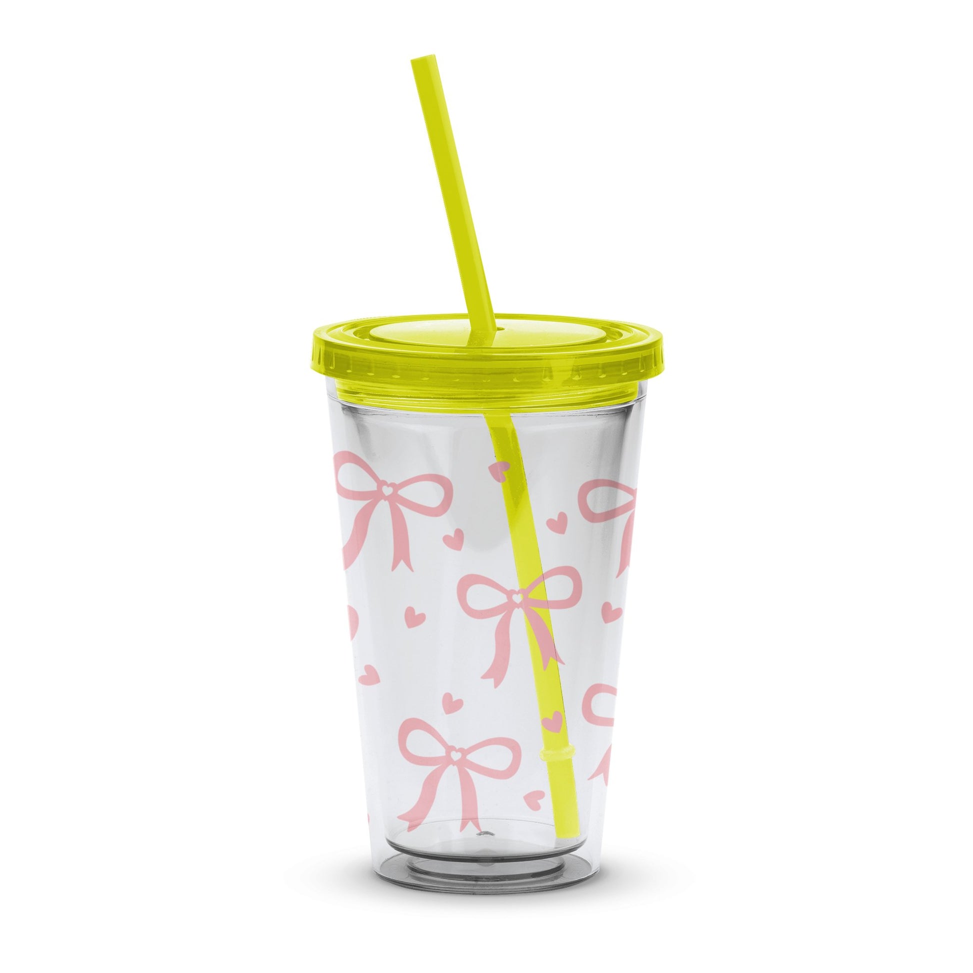 Reusable Insulated Tumbler with Straw, Pink Bow and Heart Design, Travel Cup