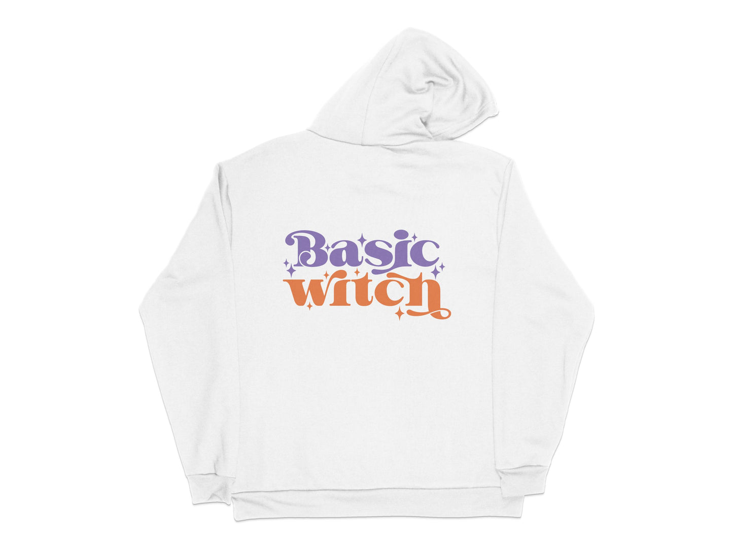 Basic Witch Halloween Hoodie, White Pullover with Purple Orange Graphic, Cozy Fall Apparel