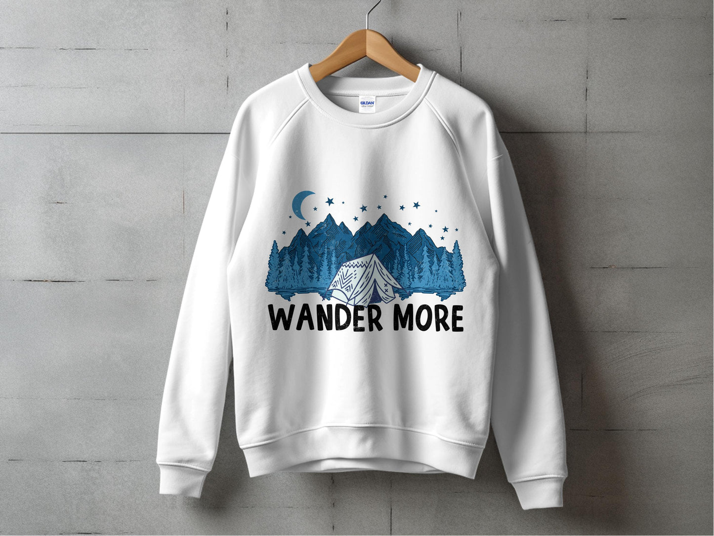 Wander More Adventure Sweatshirt, Mountain Camping Graphic, Unisex White Crewneck Pullover, Outdoor Lover Gift