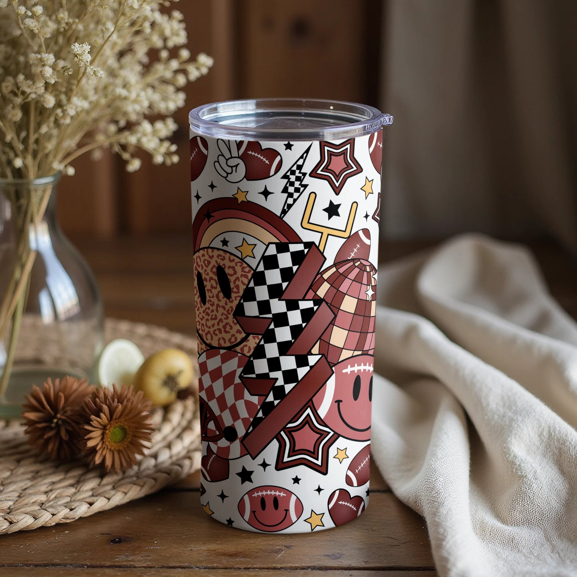 Trendy Aesthetic Tumbler, Red Hearts and Checkerboard Pattern, Insulated Travel Cup, Unique Gift Idea