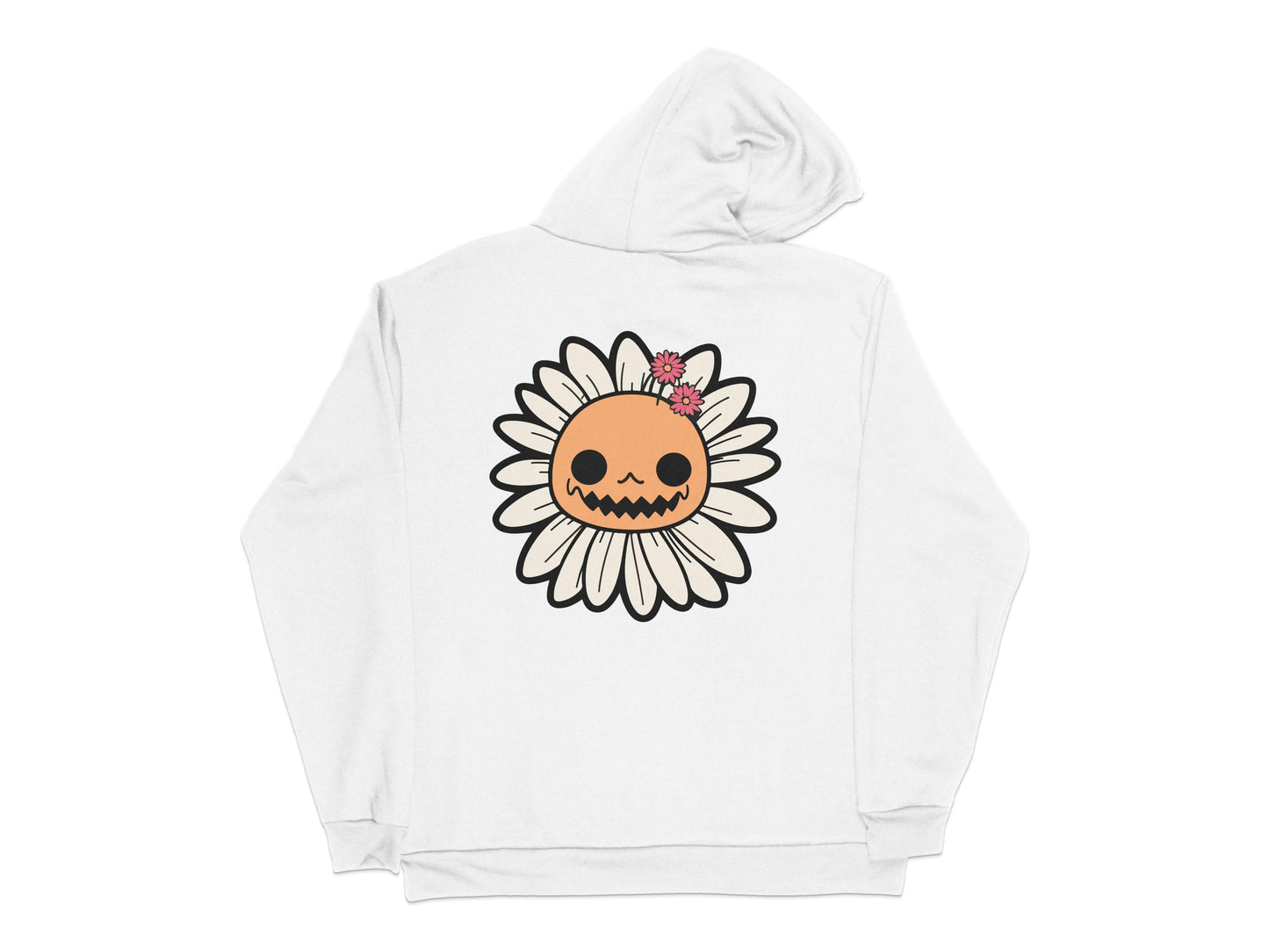 Halloween Pumpkin Flower Graphic Hoodie, Unisex White Daisy Skull Sweatshirt, Fall Spooky Apparel