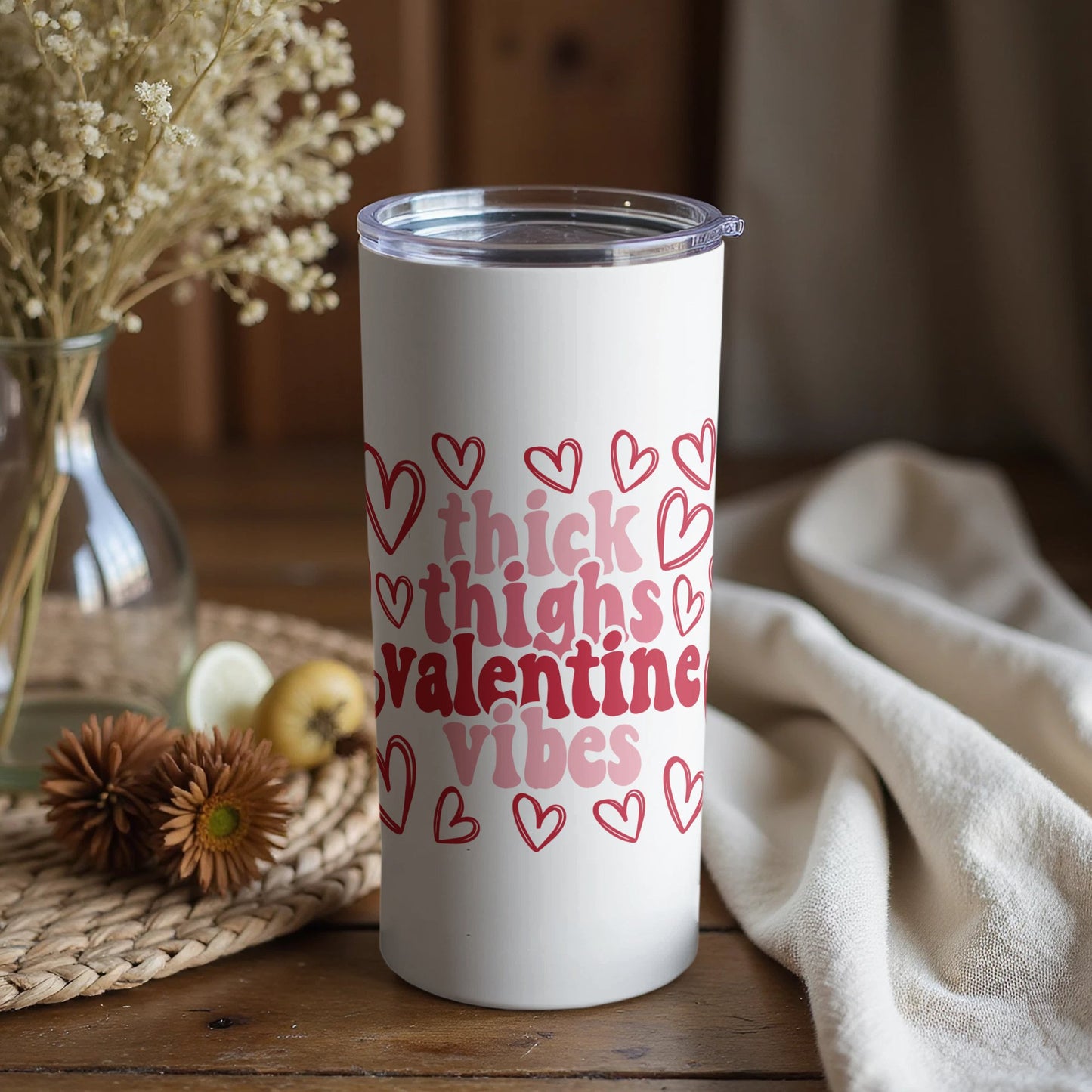 Valentine's Day Tumbler, Thick Thighs Valentine Vibes, Red Hearts, Insulated Drinkware, Gift for Her