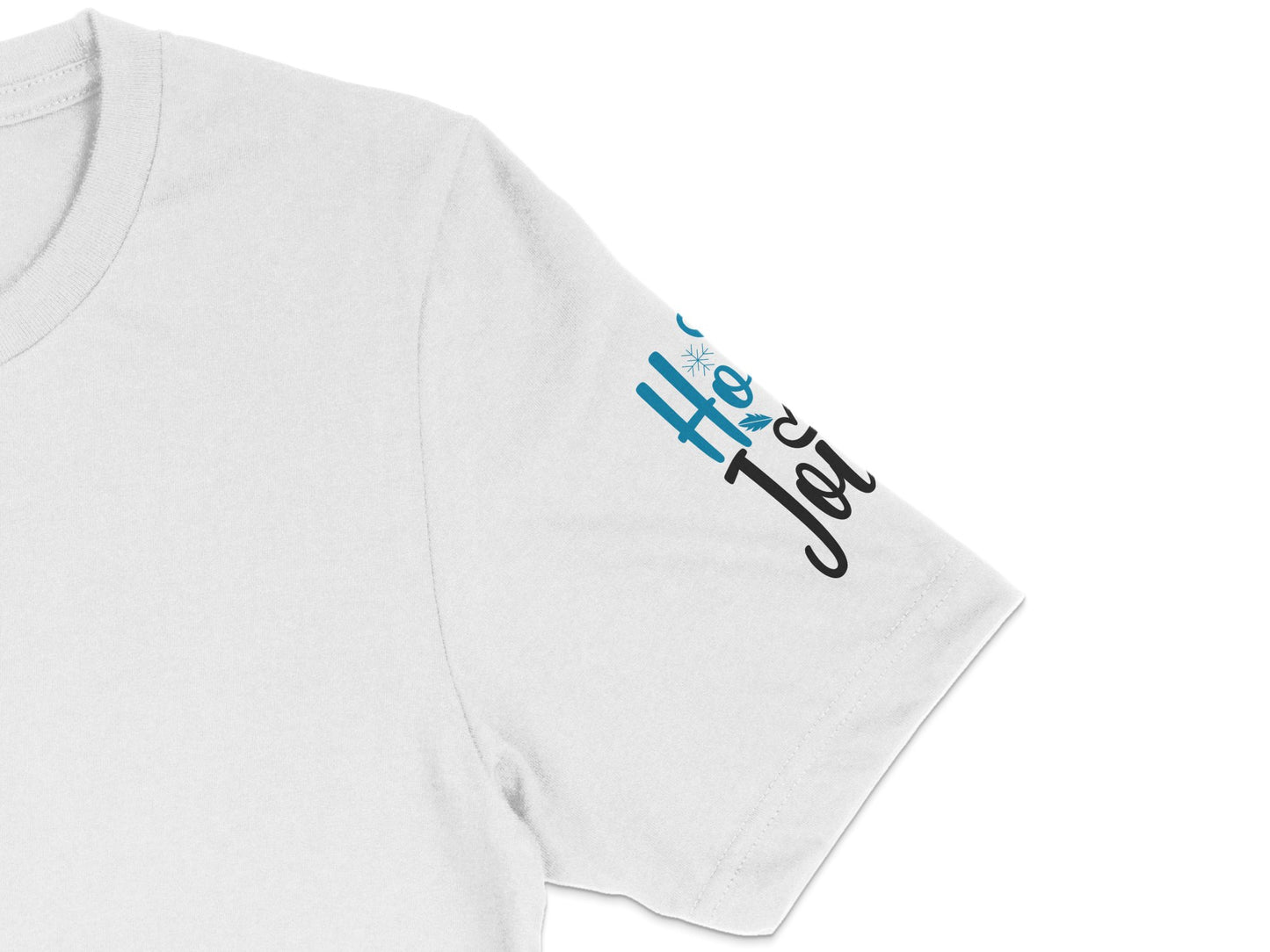 White T-Shirt with Blue 'Ho Ho Ho' Script, Festive Holiday Casual Apparel