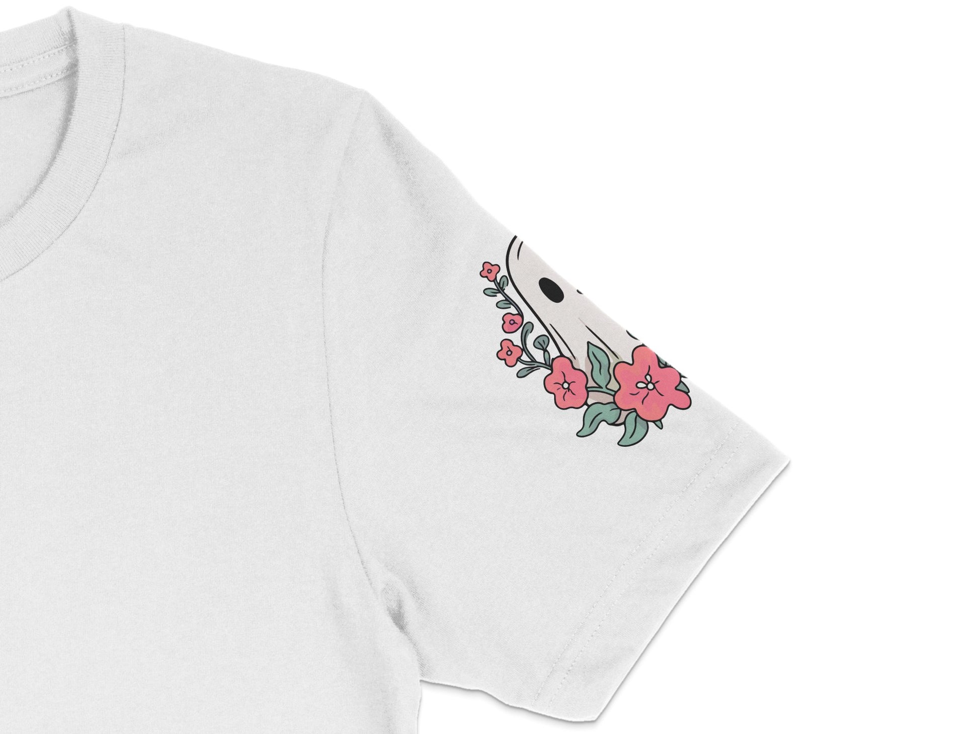 Women's White T-Shirt with Pink Floral Sleeve Print, Casual Summer Top, Feminine Clothing