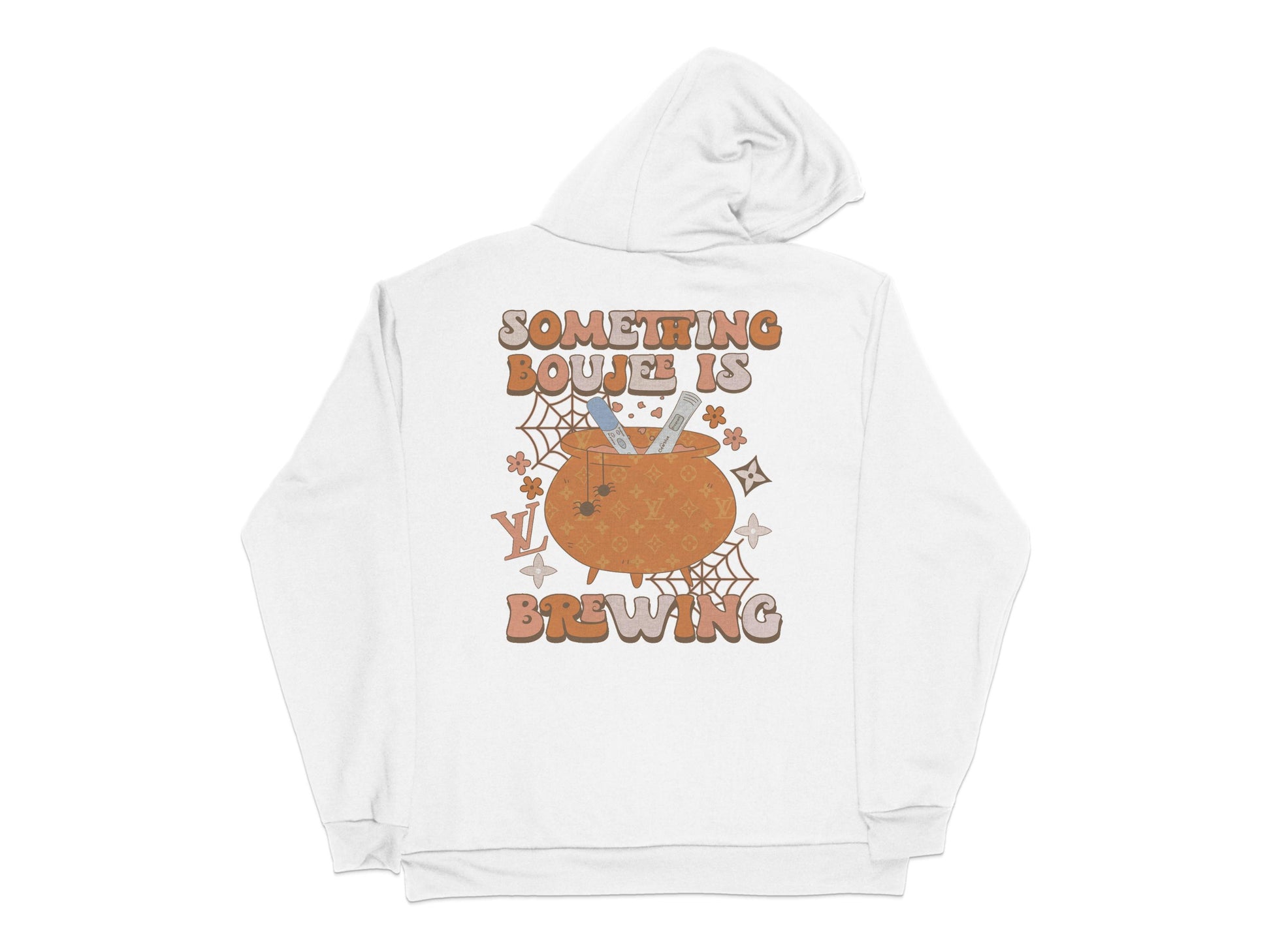 White Hoodie with Cute Witch Cauldron Graphic, Fall Autumn Season Design, Cozy Pullover Sweatshirt