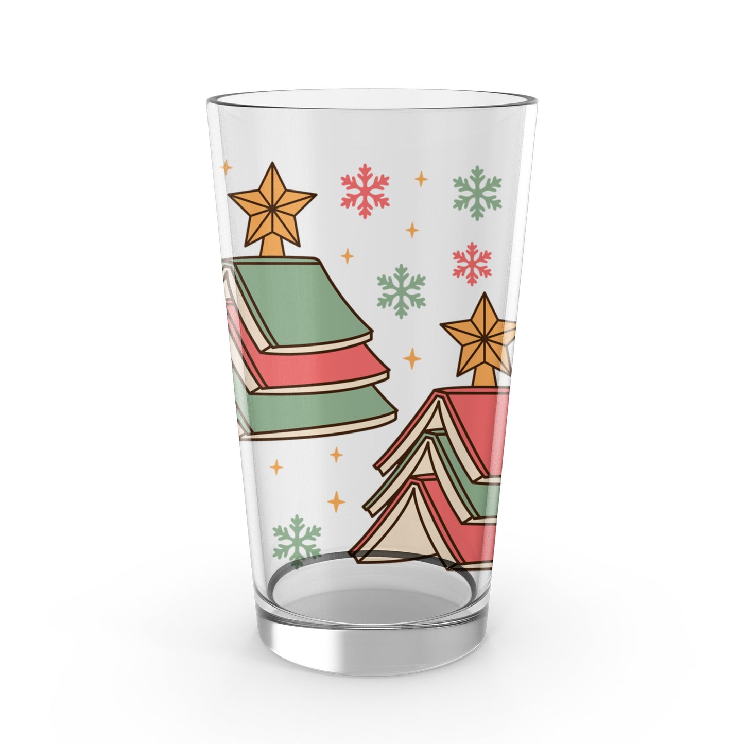 Holiday Drinking Glass with Festive Christmas Trees and Snowflakes, Colorful Seasonal Decor Drinkware, Perfect Gift Idea