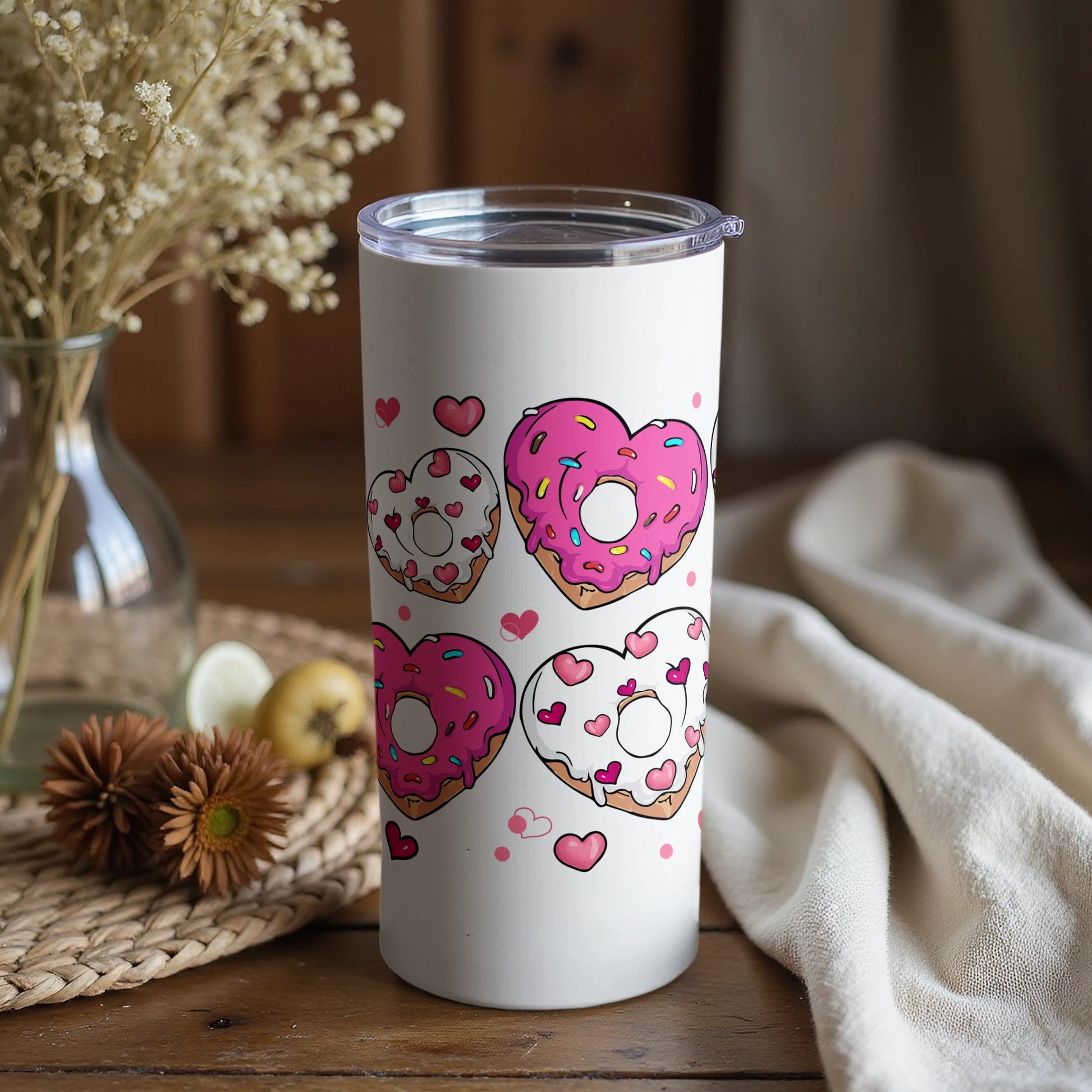 Cute Heart Donut Pattern Insulated Tumbler, Pink Valentine's Day Gift, Travel Coffee Mug, Romantic Drinkware