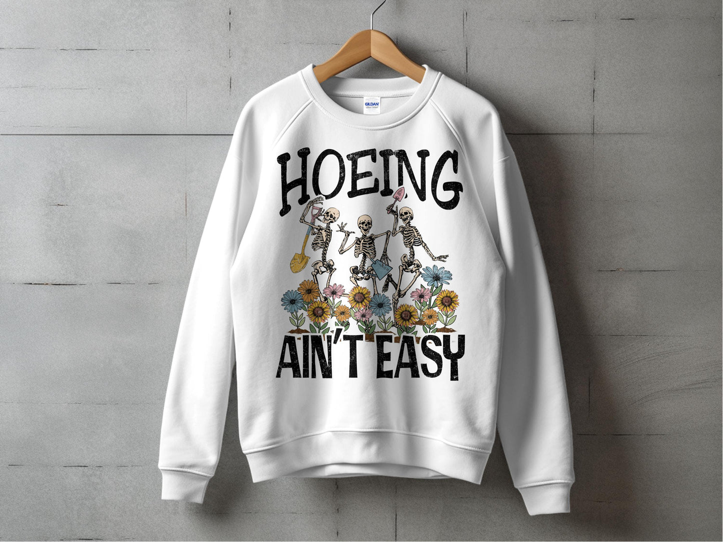 Floral Skeleton Graphic Sweatshirt, Unisex Hoeng Ain't Easy Pullover, Casual Streetwear, Cool Hipster Tops, Trendy Apparel