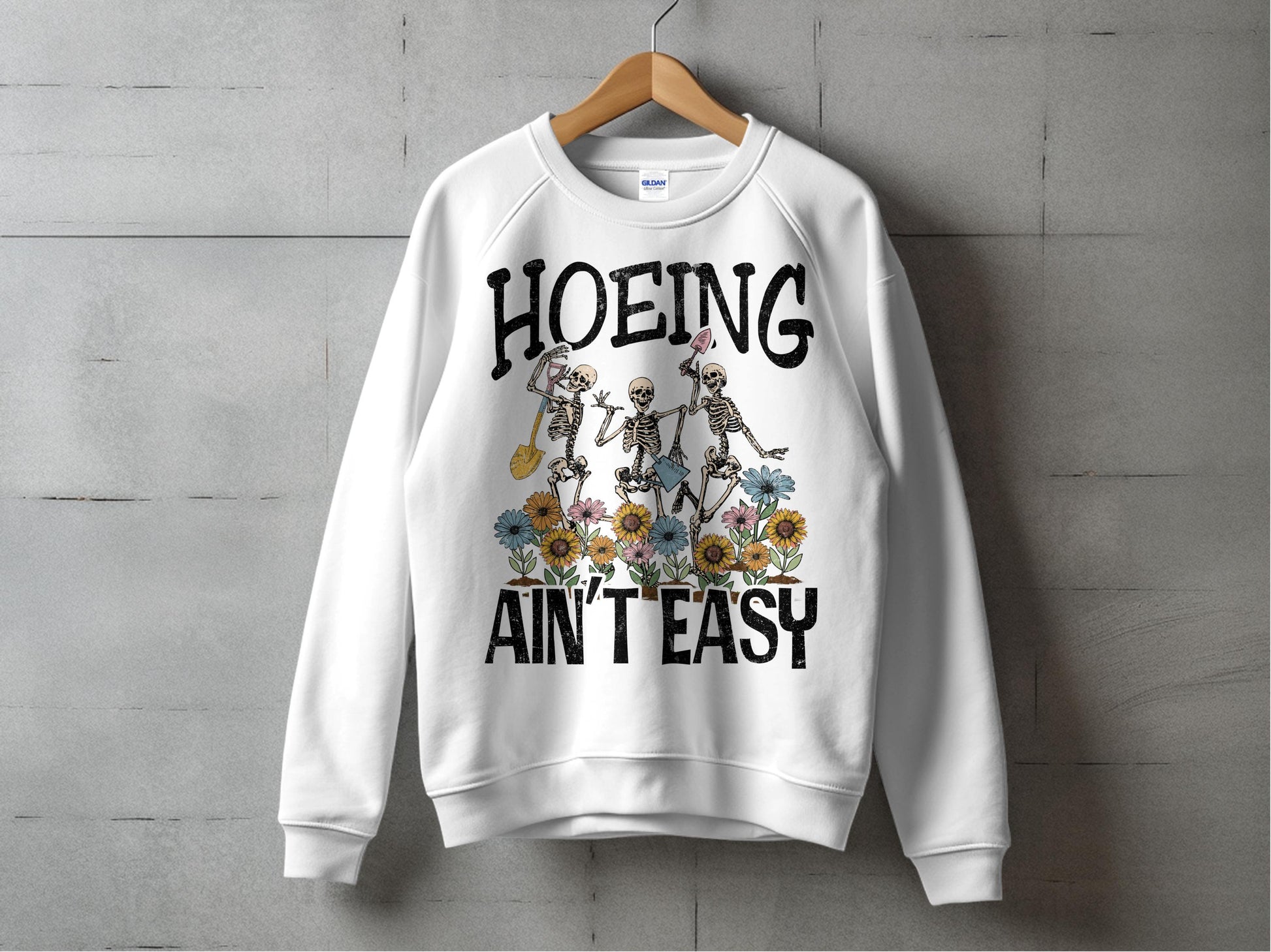 Floral Skeleton Graphic Sweatshirt, Unisex Hoeng Ain't Easy Pullover, Casual Streetwear, Cool Hipster Tops, Trendy Apparel