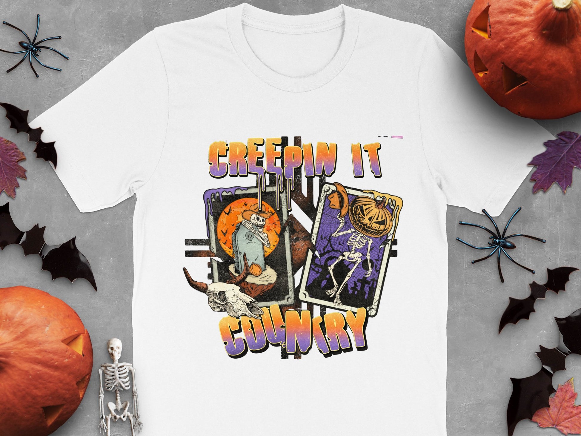 Creepin It Country Halloween T-Shirt, Orange Black Graphic Tee, Spooky Pumpkin Skeleton Design, Autumn Festival Apparel