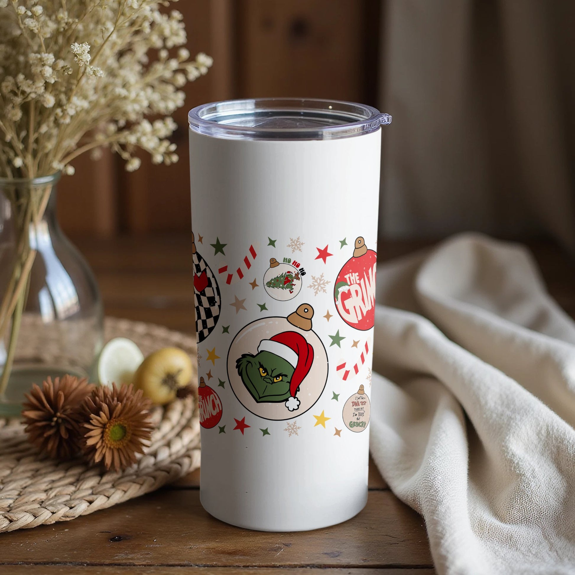 Christmas Tumbler With Lid, Grinch Theme Holiday Travel Mug, Insulated Stainless Steel Cup, Festive Drinkware Gift