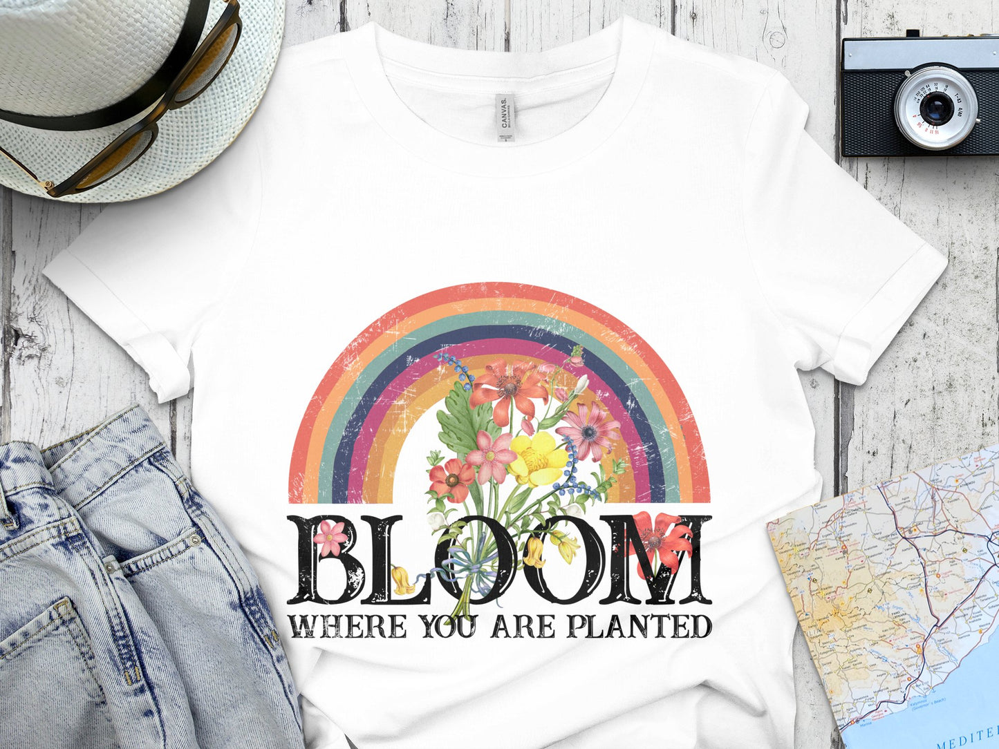 Vintage Bloom Rainbow T-Shirt, Floral Graphic Tee, Summer Casual Fashion Top, Women's Soft Cotton Shirt