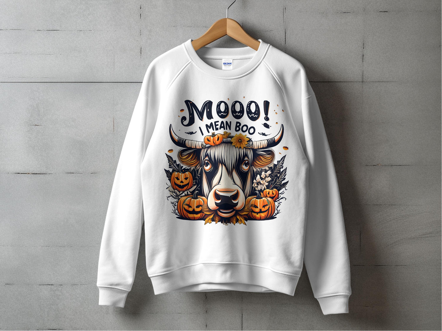 Halloween Cow Sweatshirt, Funny Moo I Mean Boo Graphic, Autumn Pumpkin Design, Unisex Fall Apparel