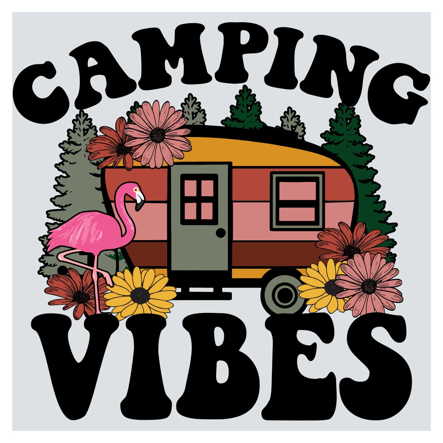 a pink flamingo is standing in front of a camper