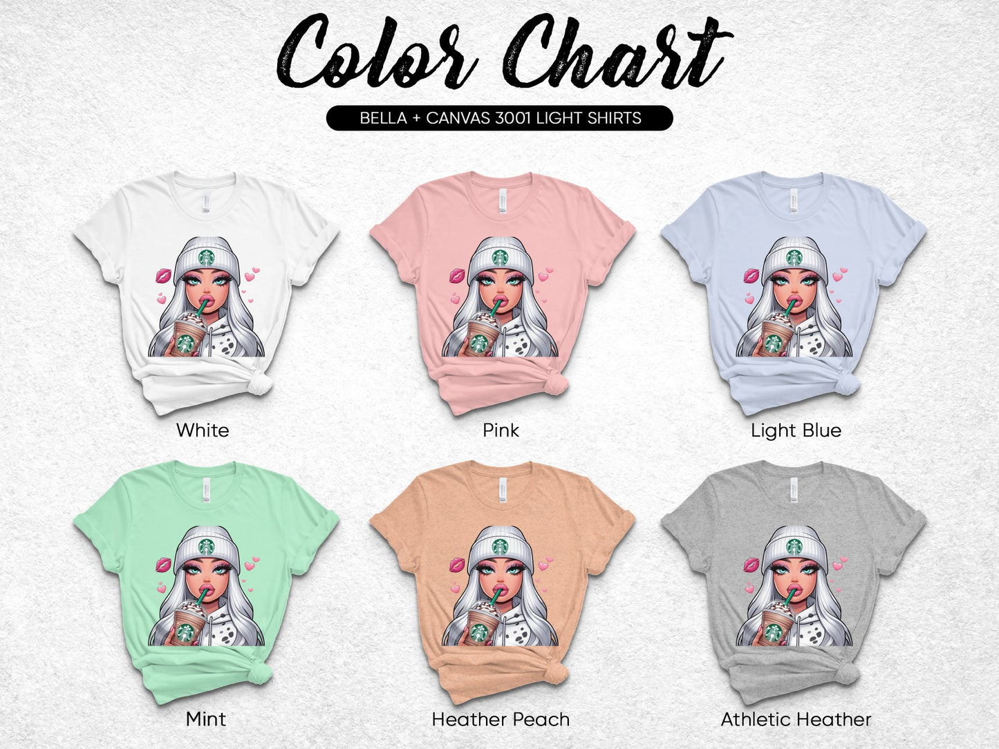 Bella Canvas 3001 Light Shirts, Graphic Tees, White, Pink, Light Blue, Mint, Heather Peach, Athletic Heather Color Chart