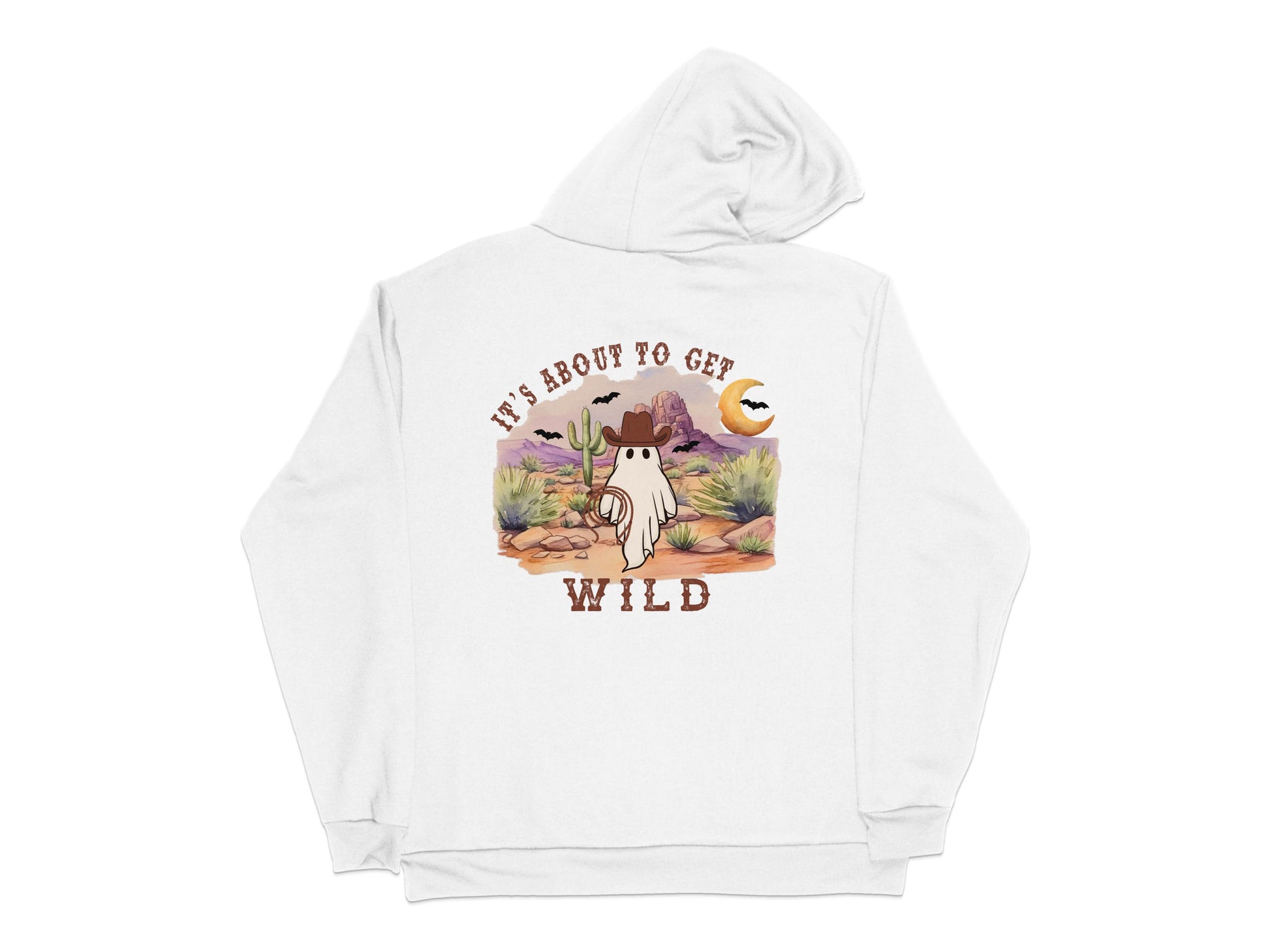 White Hoodie with Desert Graphic, It's About to Get Wild Text, Casual Streetwear, Unisex Sweatshirt Pullover