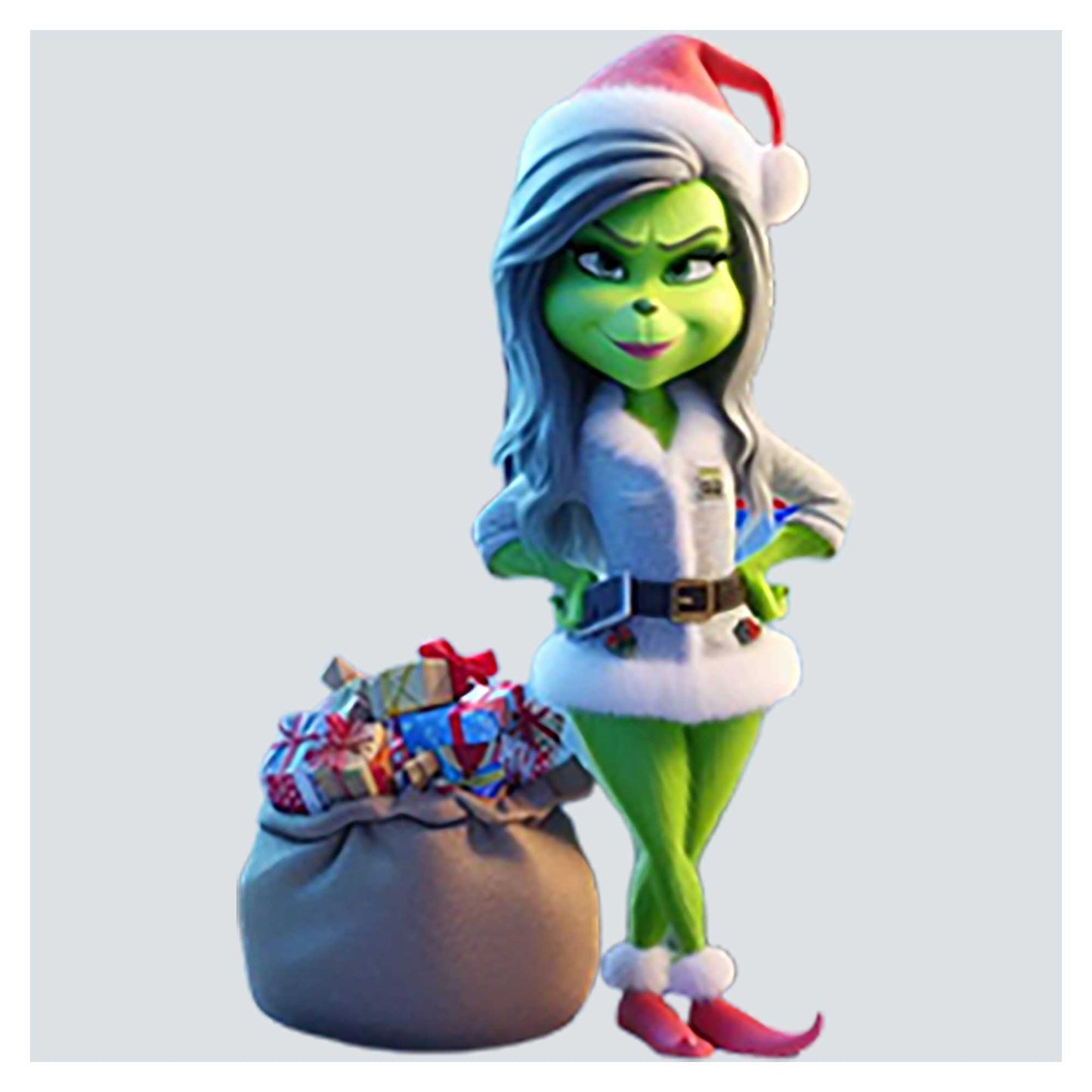 a woman in a santa hat next to a bag of presents