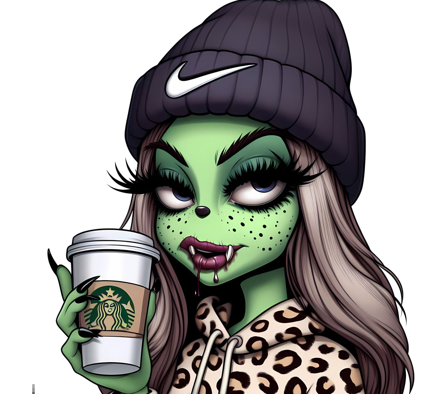 Trendy Cartoon Zombie Girl with Coffee and Nike Hat, Green Monster Art Print, Stylish Wall Decor, Unique Illustration