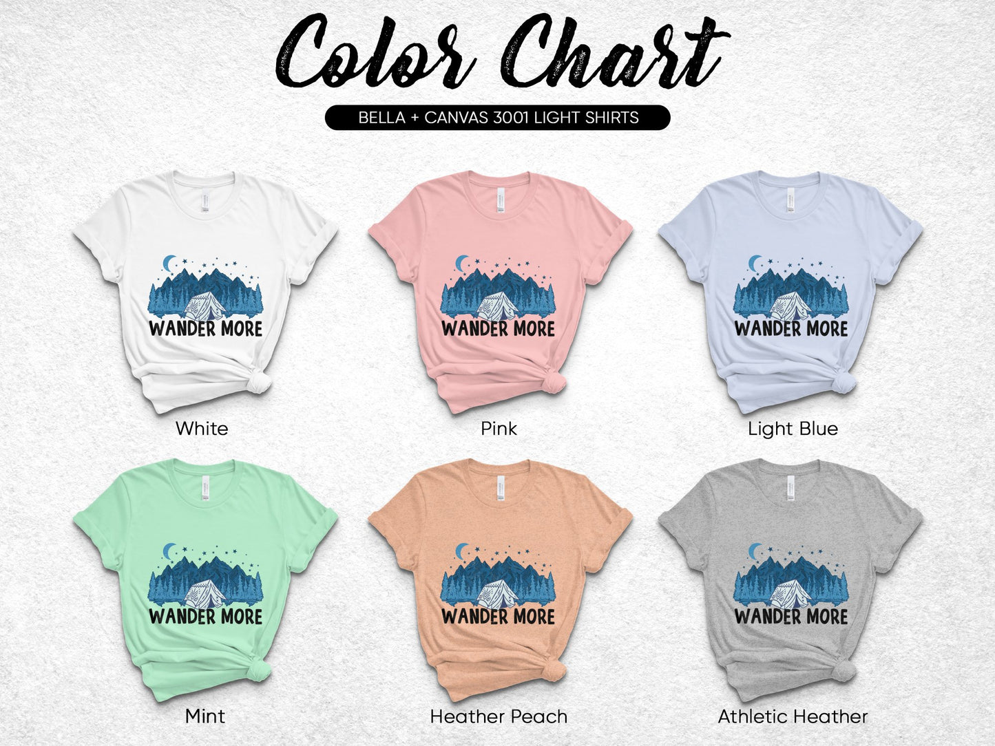 Bella Canvas 3001 Light T-Shirts, Mountain Graphic Tees in Various Colors, Wander More Design