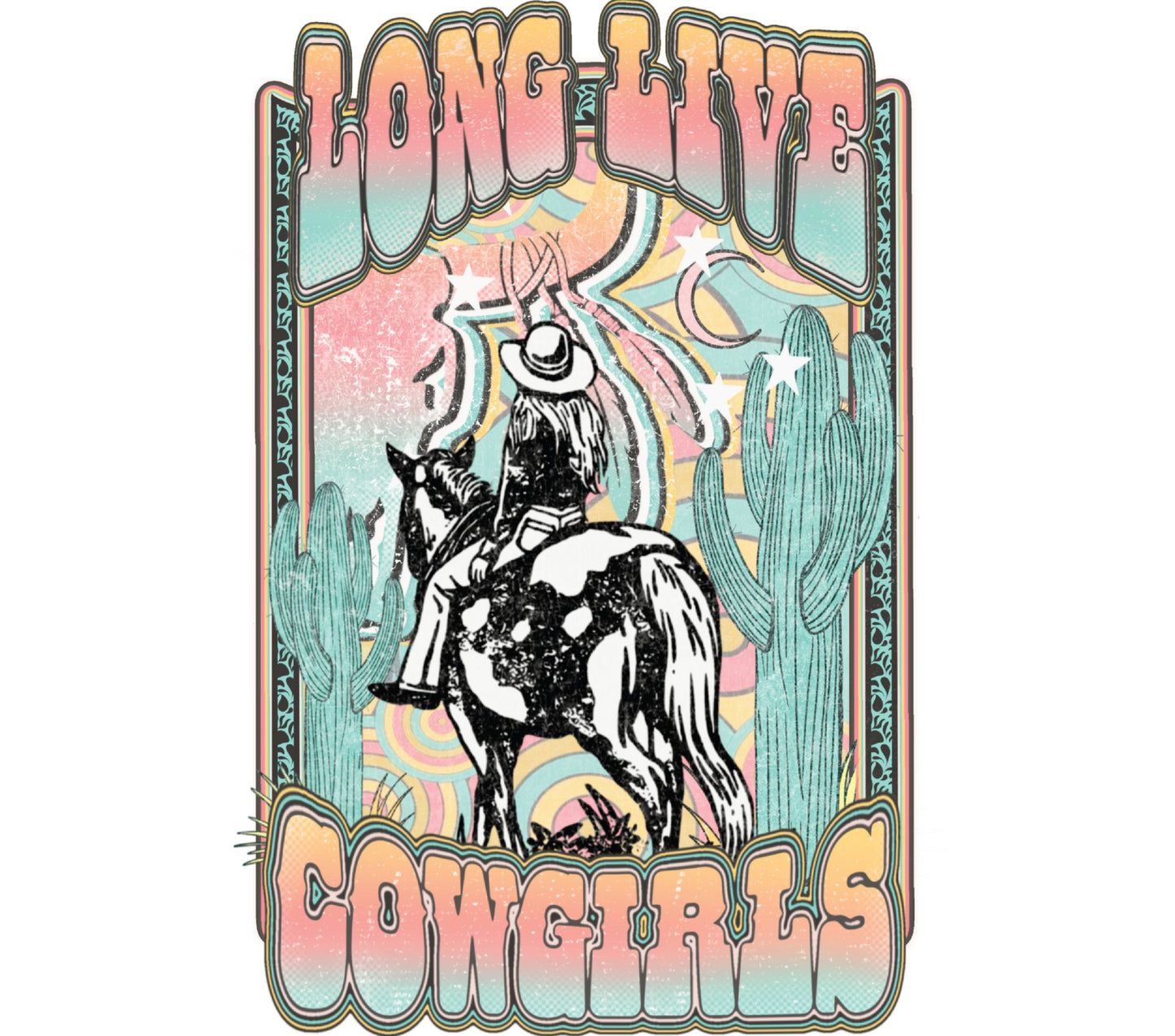 Long Live Cowgirls Vintage Style Poster, Western Cowboy Art Print, Retro Desert Horse Illustration, Rodeo Home Decor