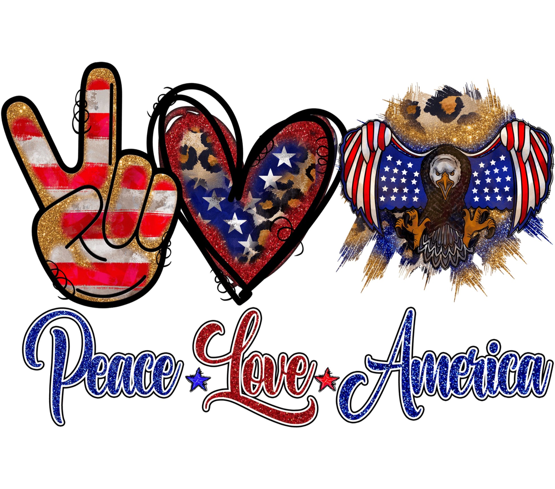 Patriotic American Peace Love Graphic, USA Flag Heart and Eagle, Independence Day Clipart, Digital Download Art for T-Shirts and Posters