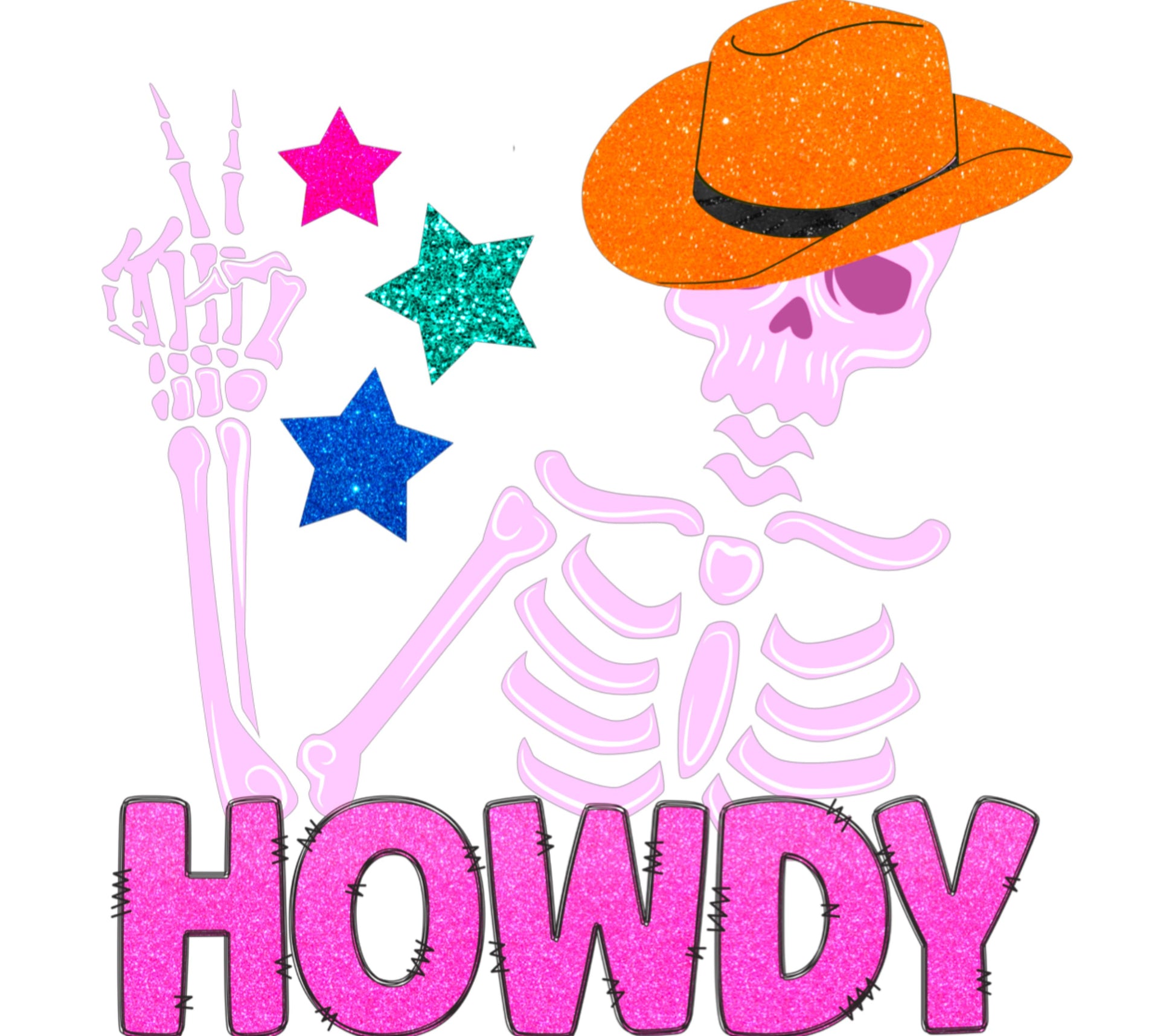 Colorful Cowboy Skeleton Graphic, Glitter Stars, Orange Hat, Howdy Text, Western Digital Download Art