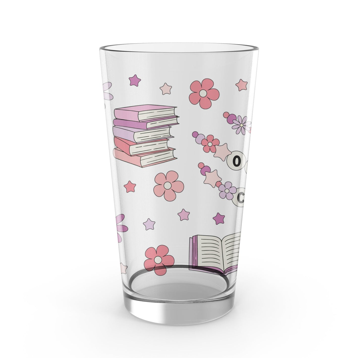 Floral and Books Pattern Tumbler, Cute Beverage Glass, Reading Lovers Gift, Pink Flowers Design, Unique Drinkware, Stylish Library Cup