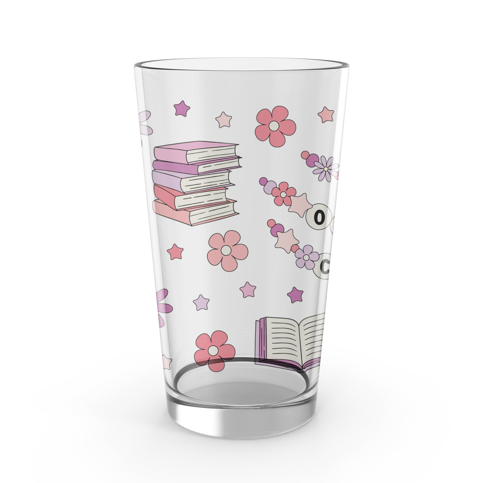Floral and Books Pattern Tumbler, Cute Beverage Glass, Reading Lovers Gift, Pink Flowers Design, Unique Drinkware, Stylish Library Cup