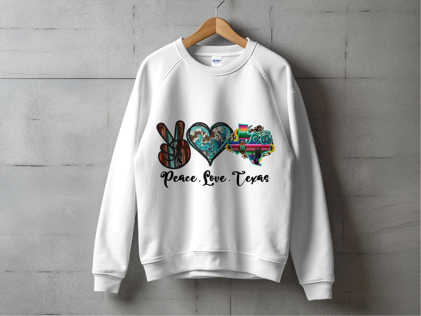 Texas Theme Sweatshirt, Peace Love Texas Graphic, Unisex White Pullover, Casual Texas Apparel