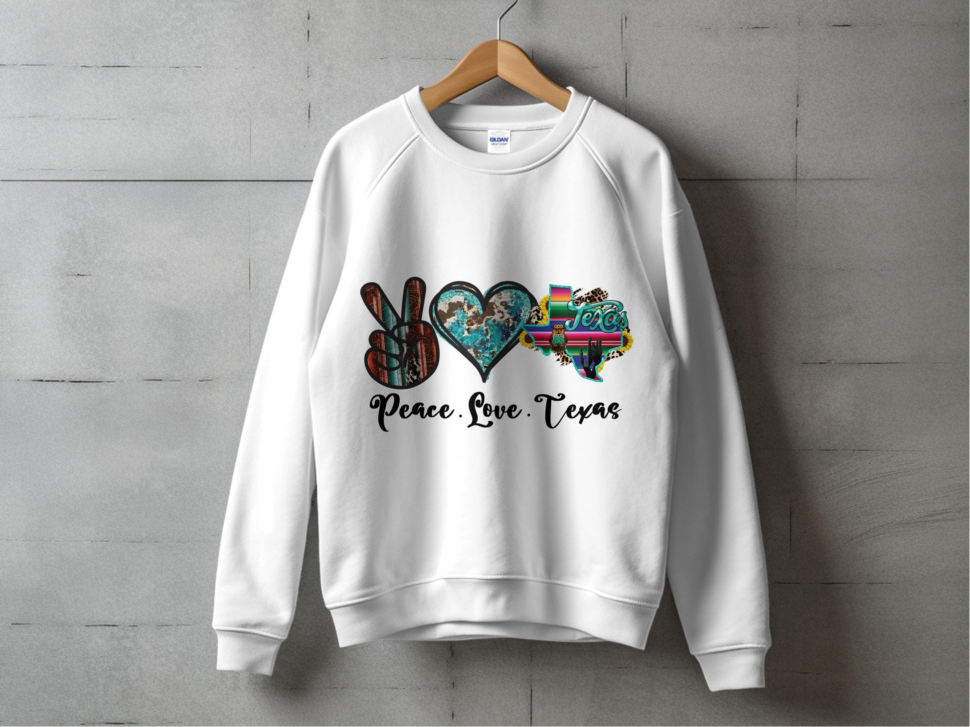 Texas Theme Sweatshirt, Peace Love Texas Graphic, Unisex White Pullover, Casual Texas Apparel