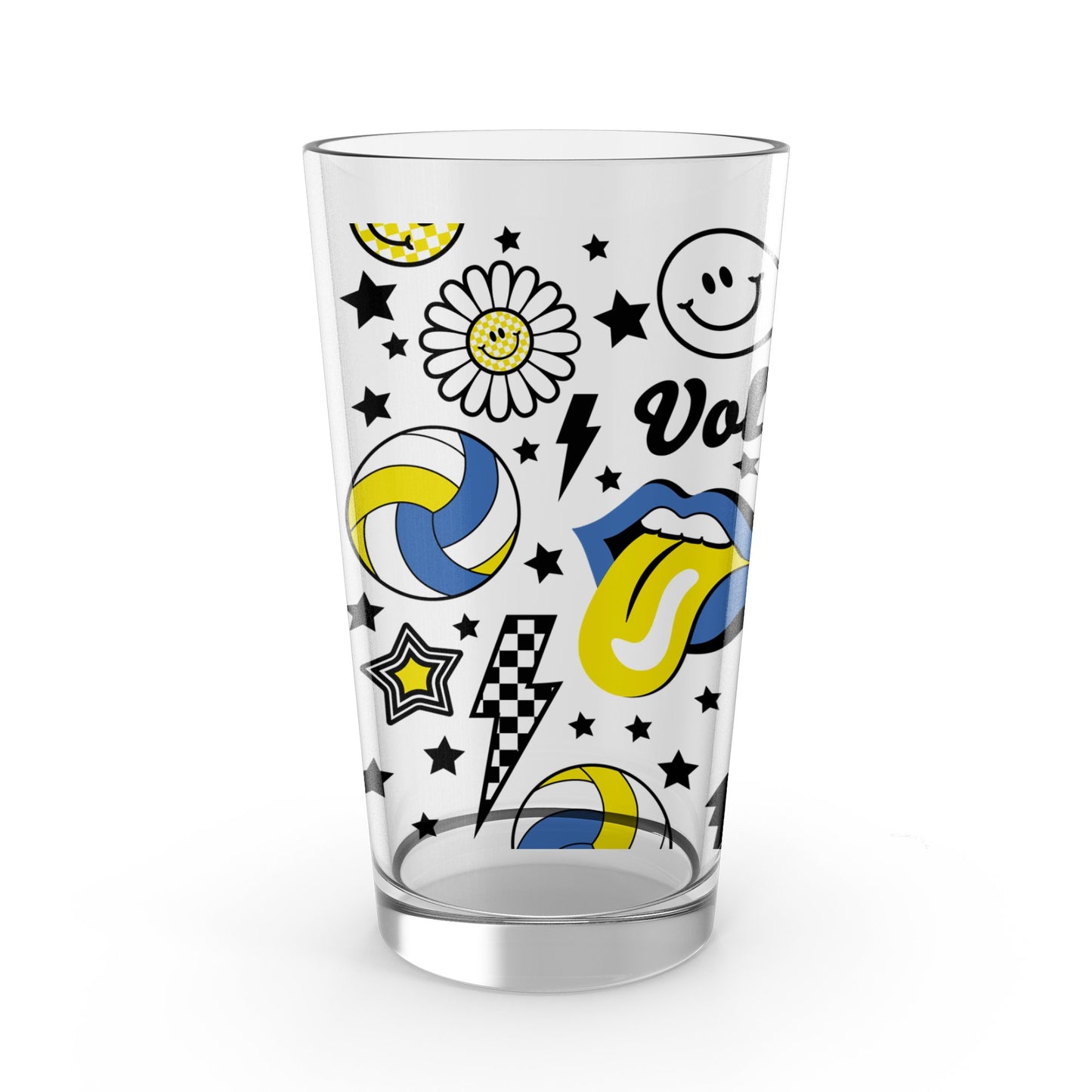 Retro Pop Art Glass Tumbler, Vintage Style Glassware, Colorful Smiley Face and Icons, Fun Drinkware for Home Bar, Unique Gift Idea