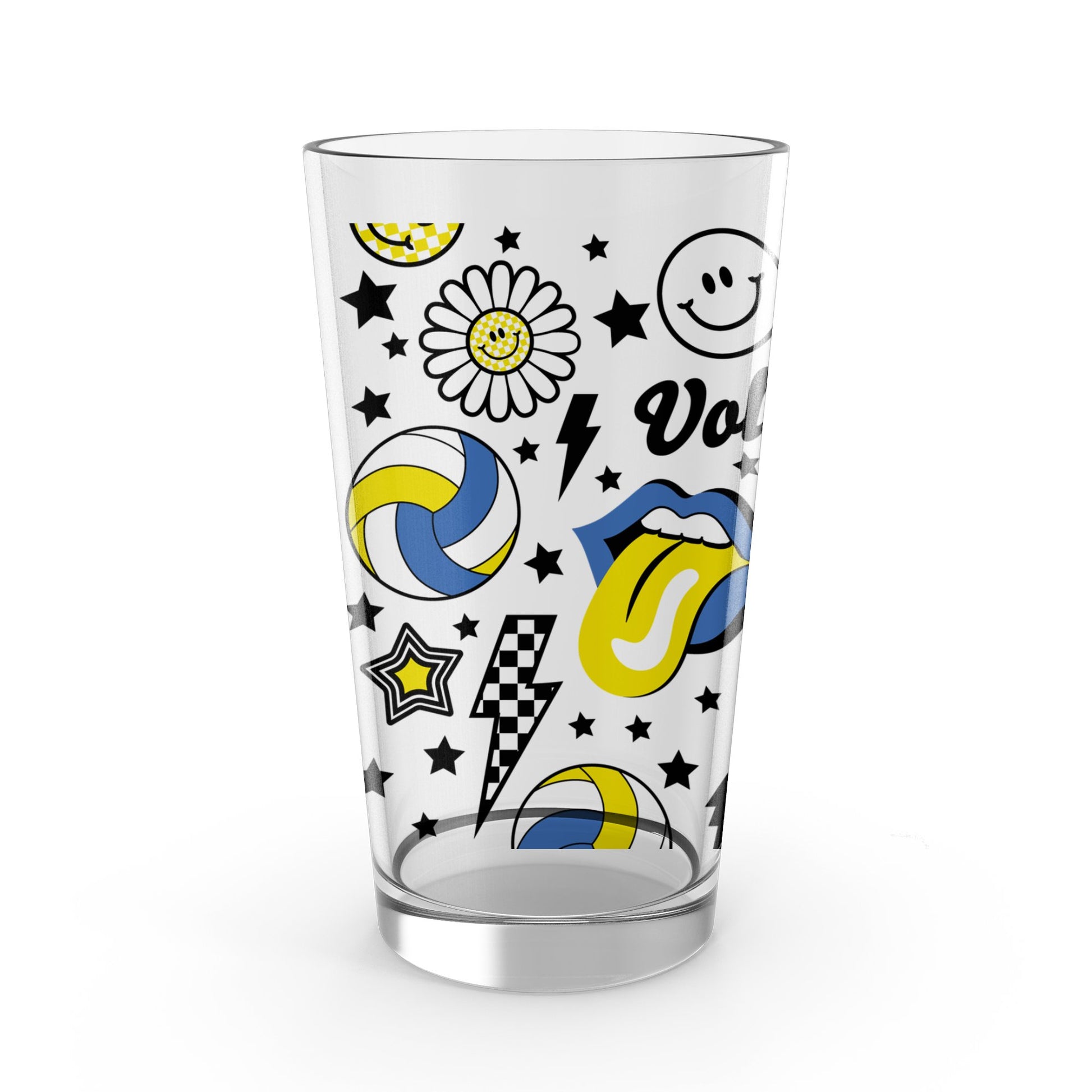 Retro Pop Art Glass Tumbler, Vintage Style Glassware, Colorful Smiley Face and Icons, Fun Drinkware for Home Bar, Unique Gift Idea