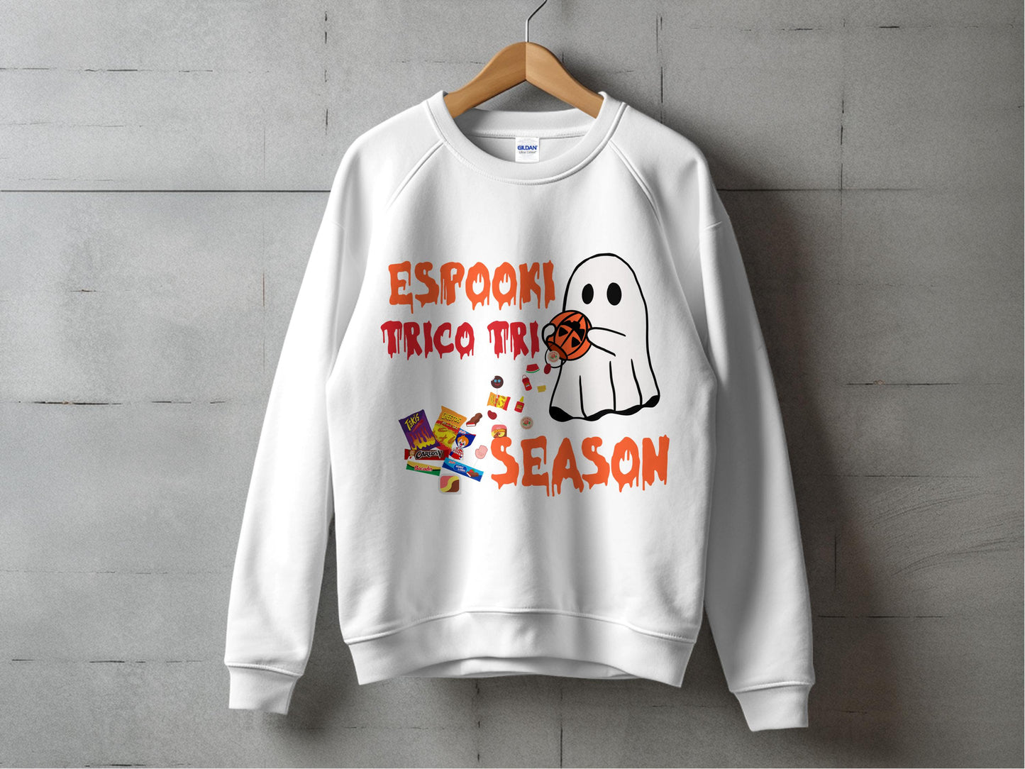 Halloween Themed Sweatshirt, Spooky Season Ghost Graphic, Trico Trico Print, Casual Fall Apparel