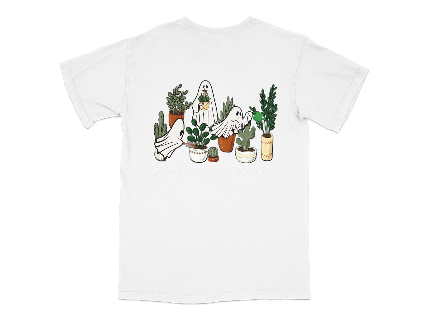 White Graphic T-Shirt with Cute Plant and Ghost Illustration, Unisex Casual Tee, Botanical Art Clothing