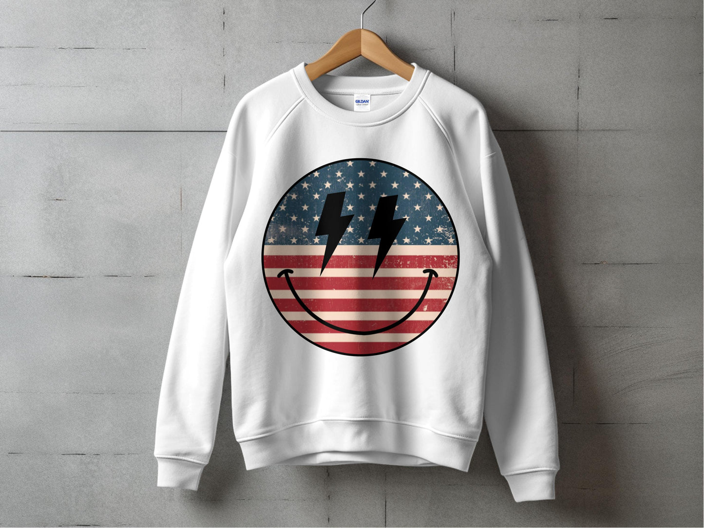 American Flag Print Sweatshirt, Patriotic Smile Design, Unisex Casual Pullover, Vintage Look Top
