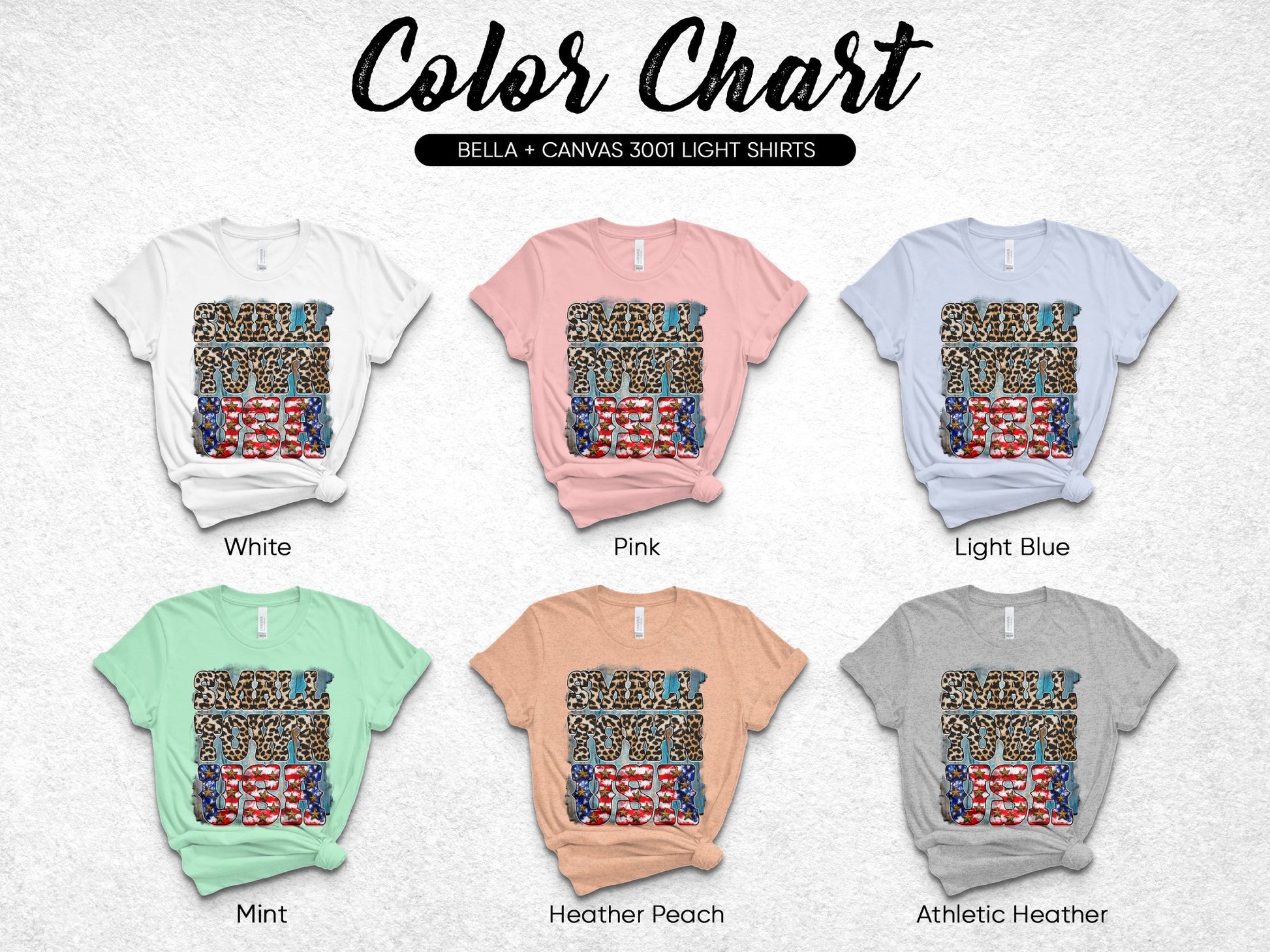 Bella Canvas 3001 T-Shirt Color Chart, Unisex Light Shirts in White, Pink, Blue, Mint, Peach