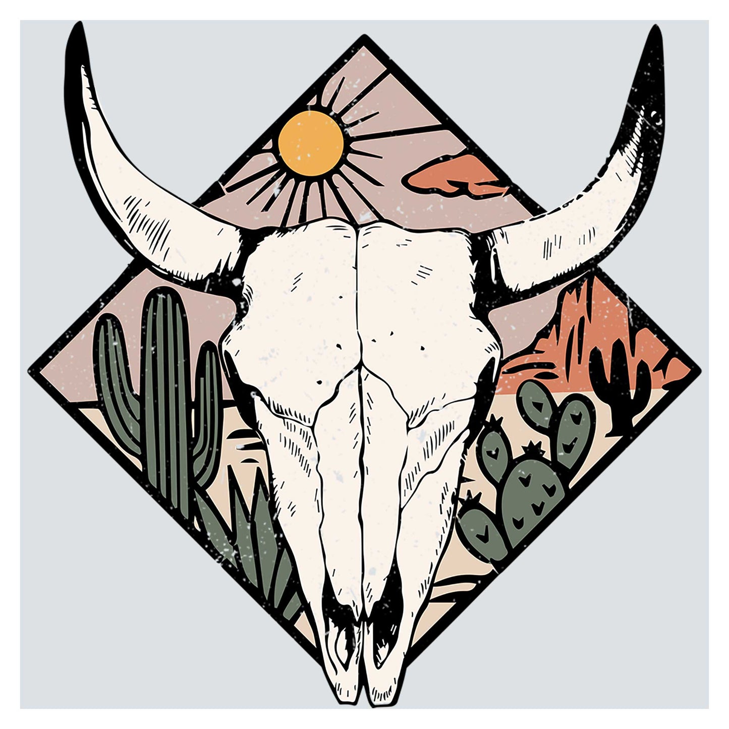 a long horn steer's head in a desert scene